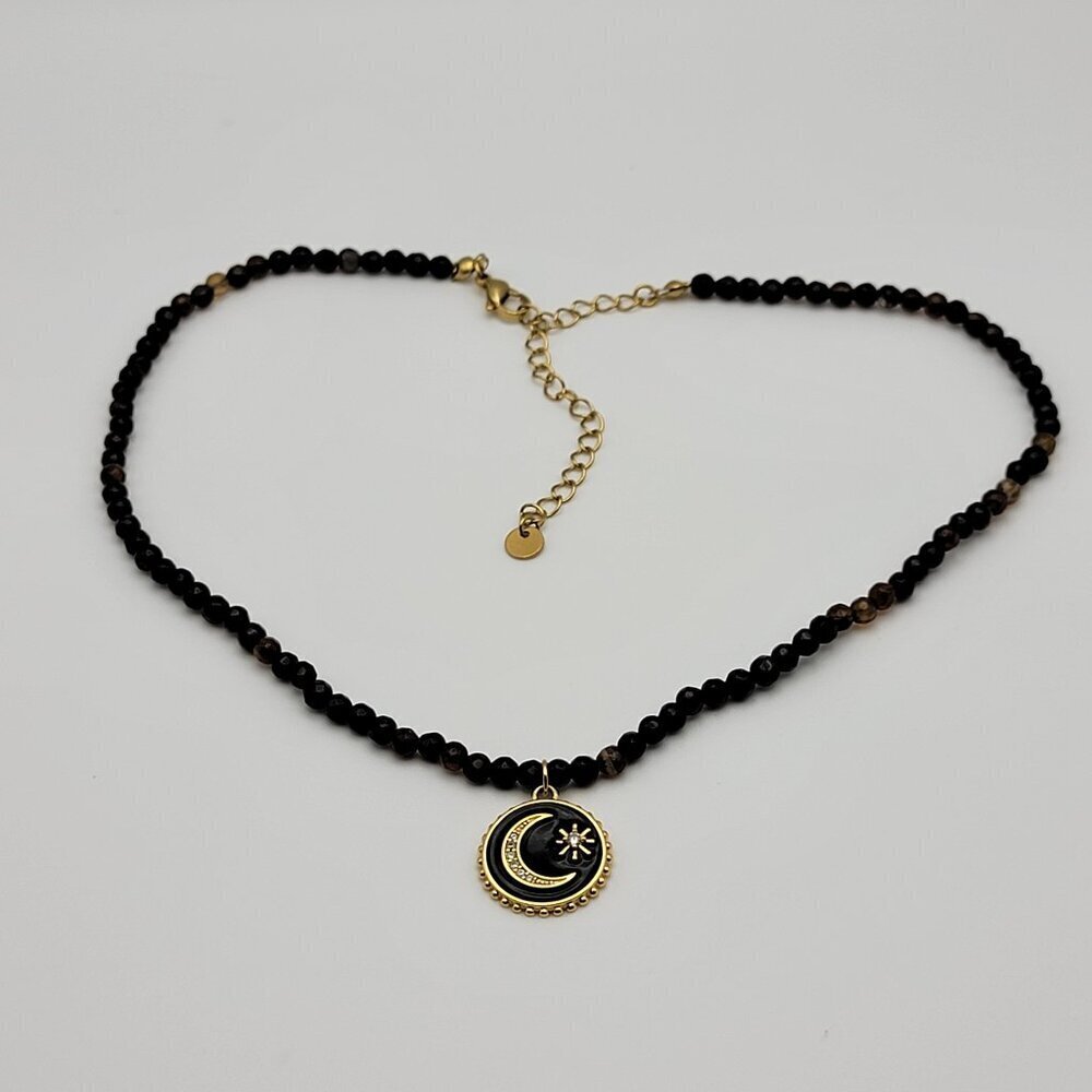 Eye Candy LA 18K Gold Plated Brass Moon Star Pendant Agate Bead Necklace 18.5" - Picture 3 of 8